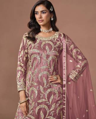 Pink net heavy thread embroidery, zari with sequins work salwar kameez 2