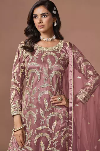 Pink net heavy thread embroidery, zari with sequins work salwar kameez