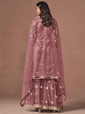 Pink net heavy thread embroidery, zari with sequins work salwar kameez 3