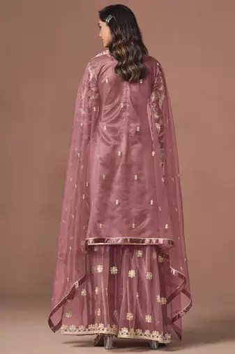 Pink net heavy thread embroidery, zari with sequins work salwar kameez