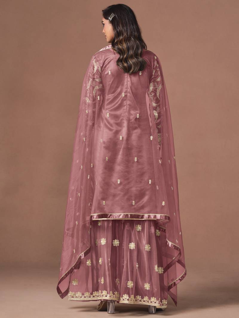 Pink net heavy thread embroidery, zari with sequins work salwar kameez