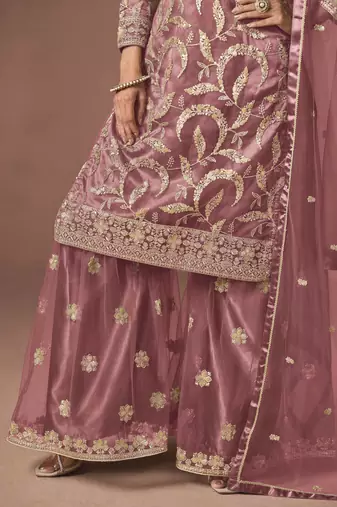 Pink net heavy thread embroidery, zari with sequins work salwar kameez