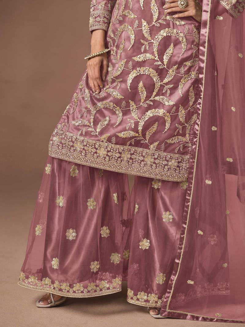 Pink net heavy thread embroidery, zari with sequins work salwar kameez