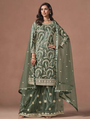 Mehendi net heavy thread embroidery, zari with sequins work salwar kameez 1