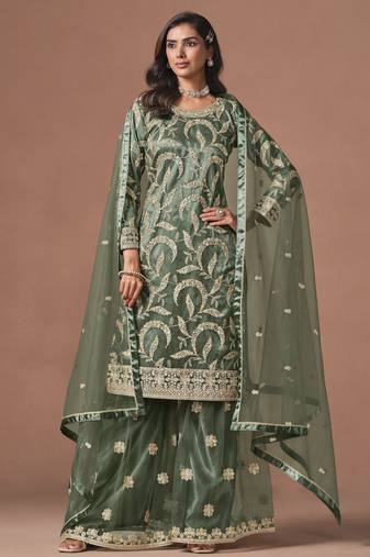 Mehendi net heavy thread embroidery, zari with sequins work salwar kameez