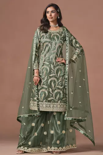 Mehendi net heavy thread embroidery, zari with sequins work salwar kameez