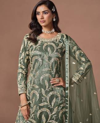 Mehendi net heavy thread embroidery, zari with sequins work salwar kameez 2