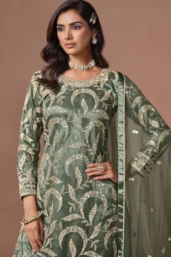 Mehendi net heavy thread embroidery, zari with sequins work salwar kameez