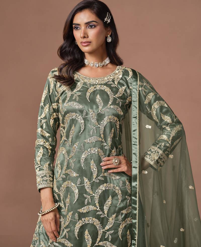 Mehendi net heavy thread embroidery, zari with sequins work salwar kameez