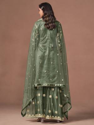 Mehendi net heavy thread embroidery, zari with sequins work salwar kameez 3