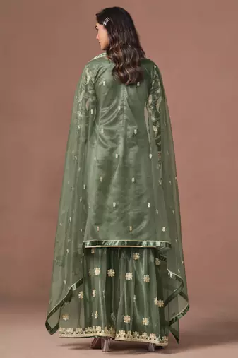 Mehendi net heavy thread embroidery, zari with sequins work salwar kameez