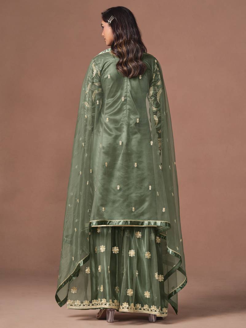 Mehendi net heavy thread embroidery, zari with sequins work salwar kameez
