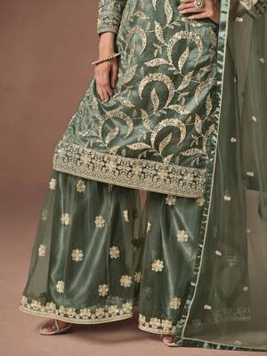 Mehendi net heavy thread embroidery, zari with sequins work salwar kameez 4