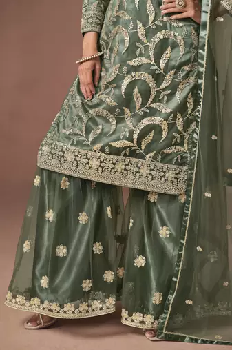Mehendi net heavy thread embroidery, zari with sequins work salwar kameez