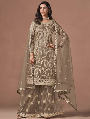 Brown net heavy thread embroidery, zari with sequins work salwar kameez 1