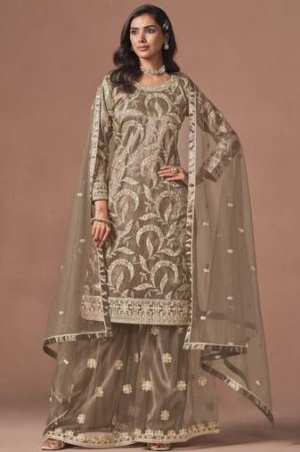 Brown net heavy thread embroidery, zari with sequins work salwar kameez