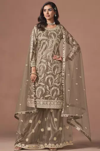 Brown net heavy thread embroidery, zari with sequins work salwar kameez
