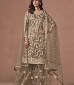 Brown net heavy thread embroidery, zari with sequins work salwar kameez