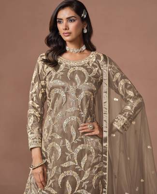 Brown net heavy thread embroidery, zari with sequins work salwar kameez 2