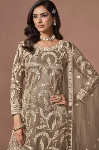 Brown net heavy thread embroidery, zari with sequins work salwar kameez