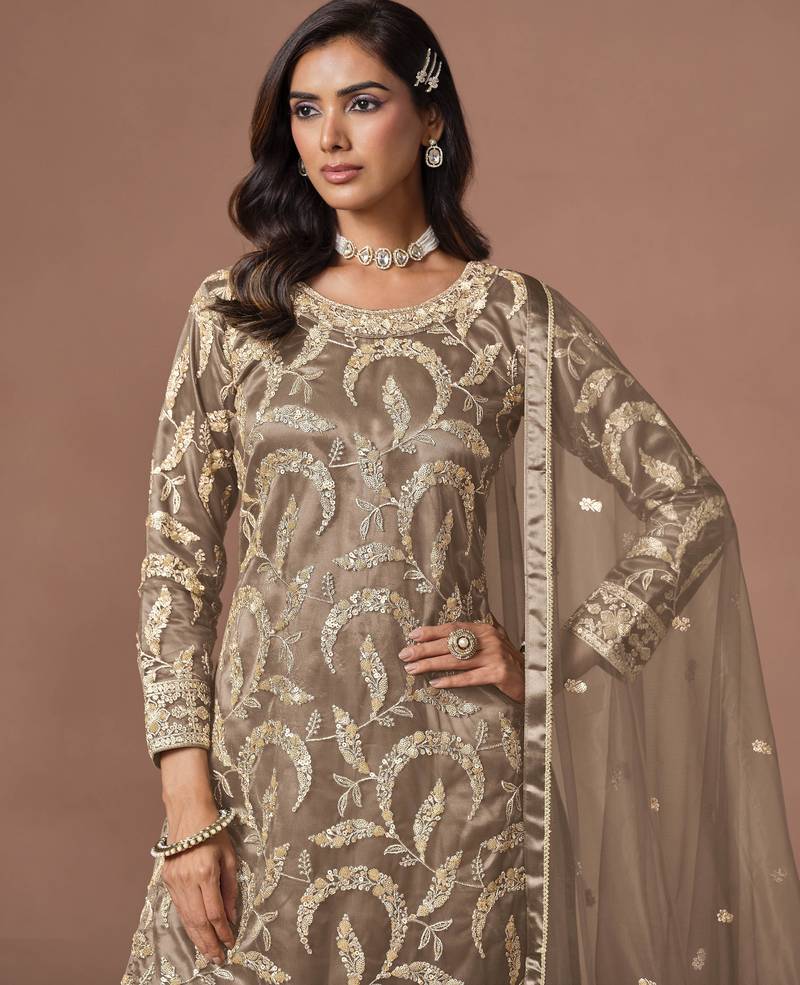 Brown net heavy thread embroidery, zari with sequins work salwar kameez