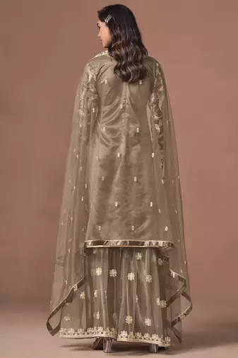 Brown net heavy thread embroidery, zari with sequins work salwar kameez