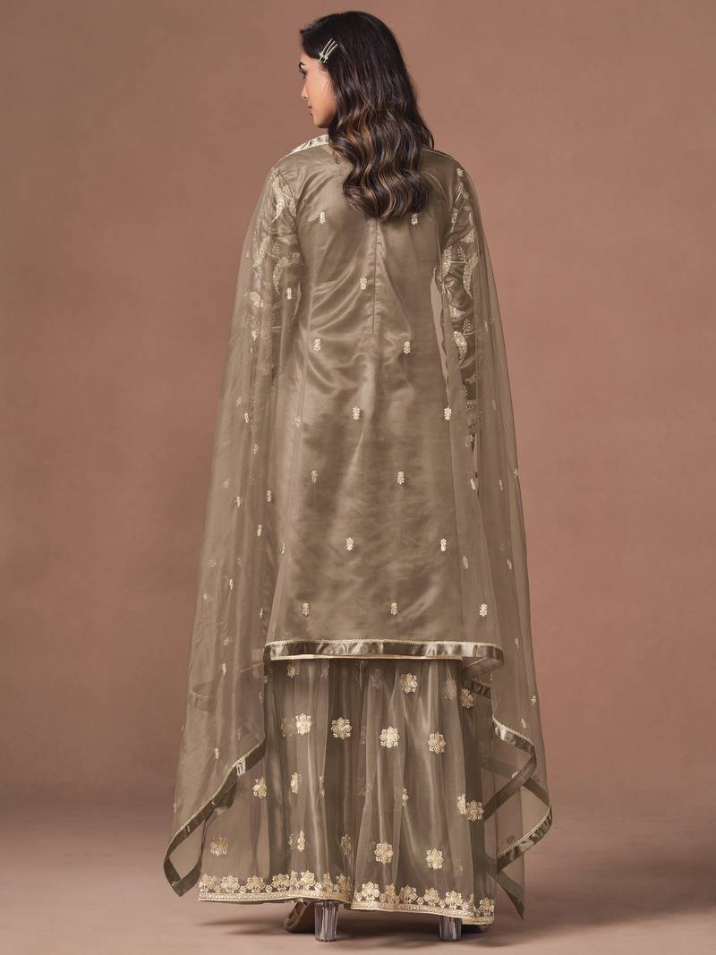 Brown net heavy thread embroidery, zari with sequins work salwar kameez