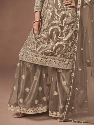 Brown net heavy thread embroidery, zari with sequins work salwar kameez 4