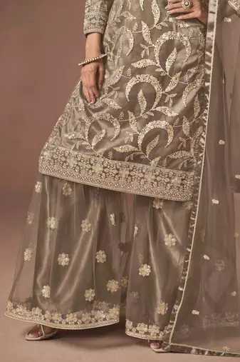 Brown net heavy thread embroidery, zari with sequins work salwar kameez