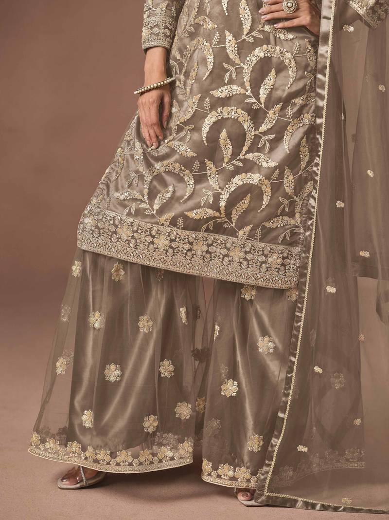 Brown net heavy thread embroidery, zari with sequins work salwar kameez