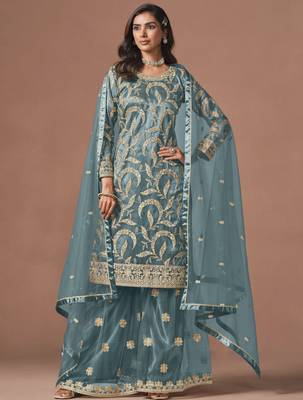 Sky blue net heavy thread embroidery, zari with sequins work salwar kameez 1