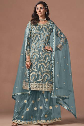 Sky blue net heavy thread embroidery, zari with sequins work salwar kameez