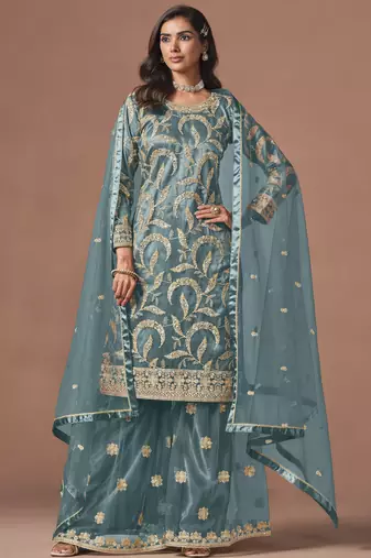 Sky blue net heavy thread embroidery, zari with sequins work salwar kameez