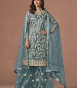 Sky blue net heavy thread embroidery, zari with sequins work salwar kameez