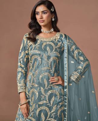 Sky blue net heavy thread embroidery, zari with sequins work salwar kameez 2