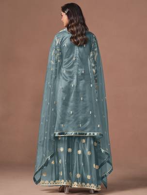Sky blue net heavy thread embroidery, zari with sequins work salwar kameez 3