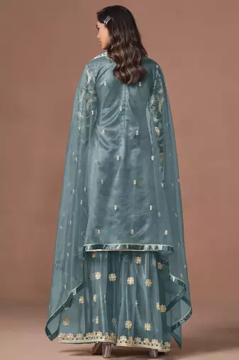 Sky blue net heavy thread embroidery, zari with sequins work salwar kameez