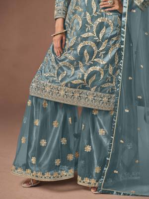 Sky blue net heavy thread embroidery, zari with sequins work salwar kameez 4