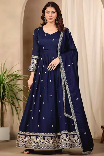 Navy blue art silk heavy thread embroidery sequins work readymade gown pant with dupatta
