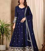 Navy blue art silk heavy thread embroidery sequins work readymade gown pant with dupatta