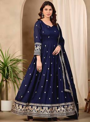 Navy blue art silk heavy thread embroidery sequins work readymade gown pant with dupatta 2