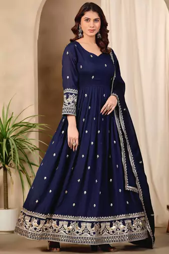Navy blue art silk heavy thread embroidery sequins work readymade gown pant with dupatta