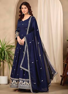 Navy blue art silk heavy thread embroidery sequins work readymade gown pant with dupatta 3