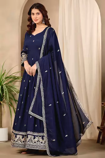 Navy blue art silk heavy thread embroidery sequins work readymade gown pant with dupatta