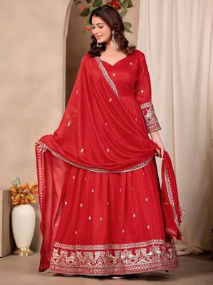 Red art silk heavy thread embroidery sequins work readymade gown pant with dupatta 1