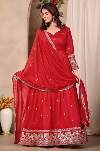 Red art silk heavy thread embroidery sequins work readymade gown pant with dupatta
