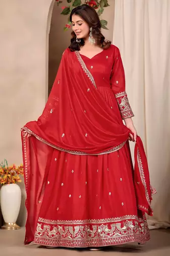Red art silk heavy thread embroidery sequins work readymade gown pant with dupatta
