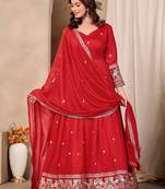 Red art silk heavy thread embroidery sequins work readymade gown pant with dupatta