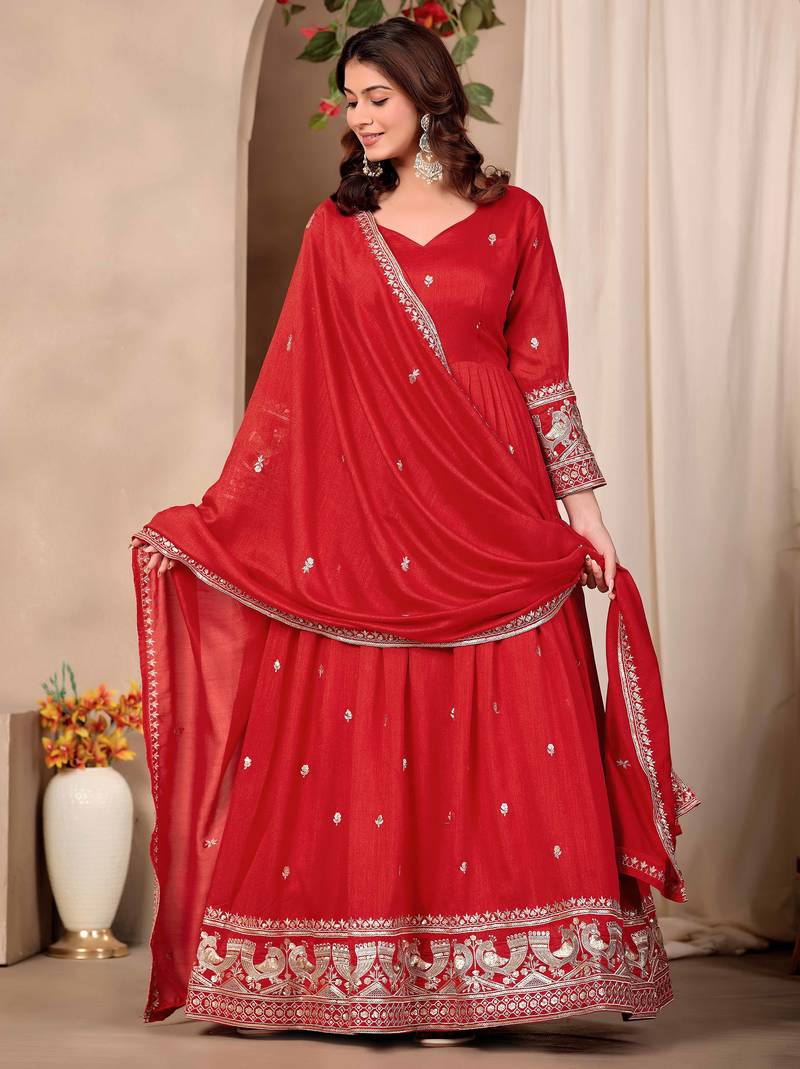 Red art silk heavy thread embroidery sequins work readymade gown pant with dupatta