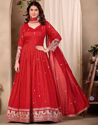 Red art silk heavy thread embroidery sequins work readymade gown pant with dupatta 2